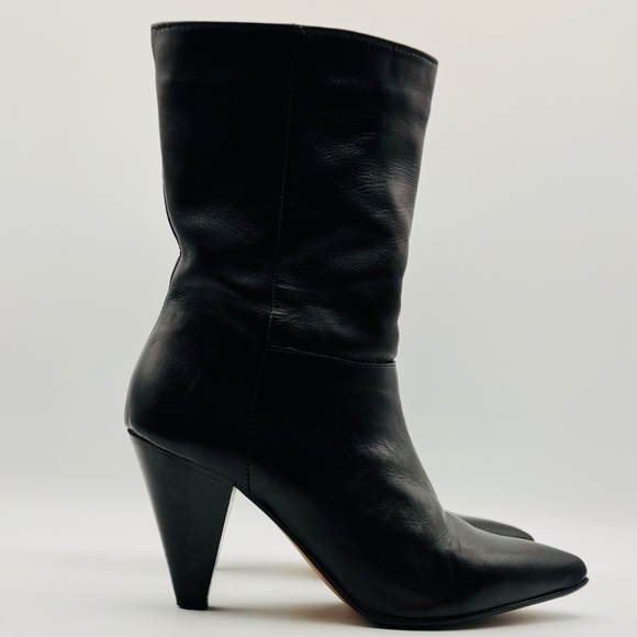 L'Intervalle Black Leather Mid-height 3.5" Cone Heel Boot, Women's Size 6.5 / 37 - Picture 1 of 14